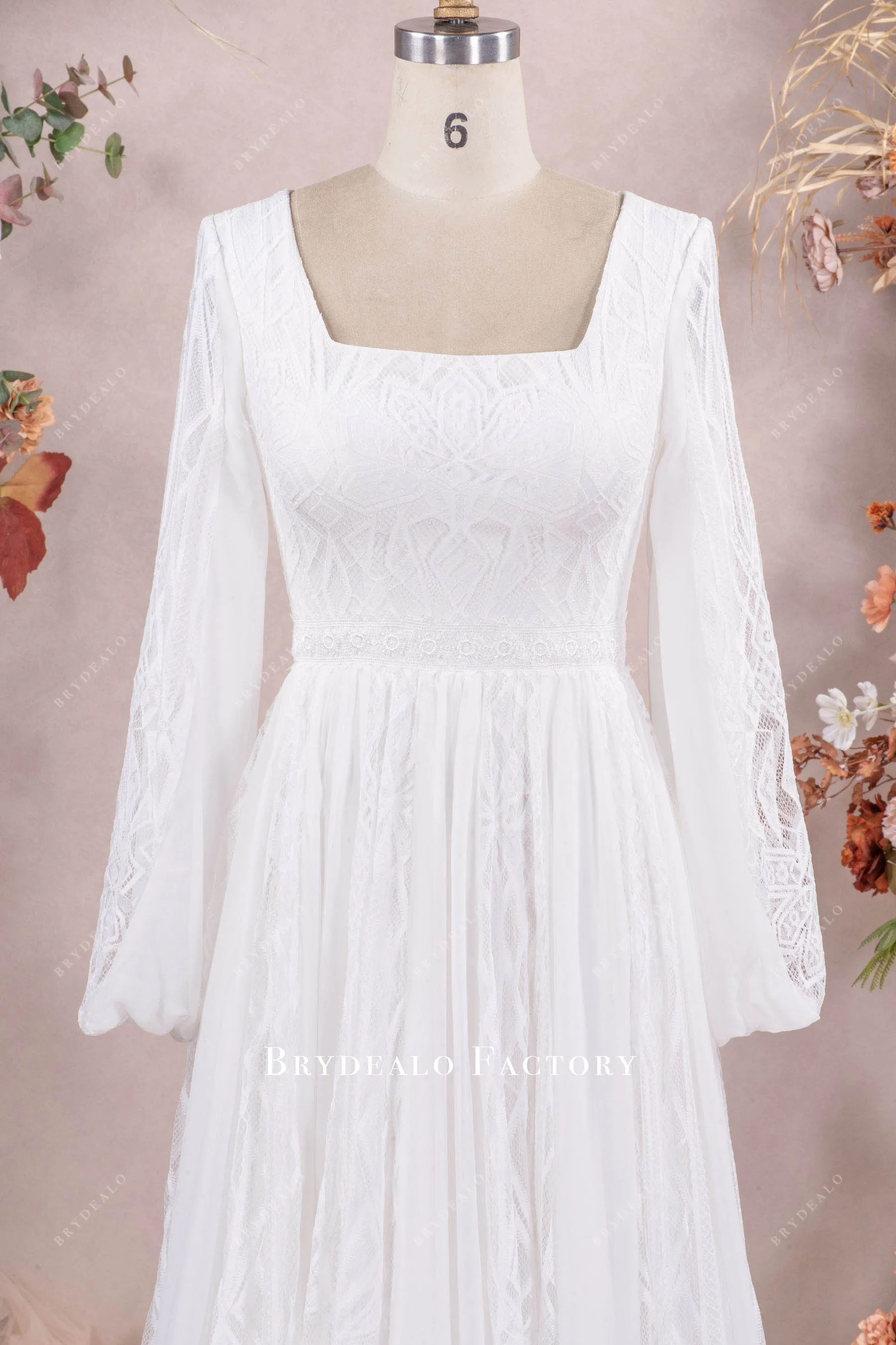 Boho Bubble Sleeve Lace Chiffon Aline Wedding Dress