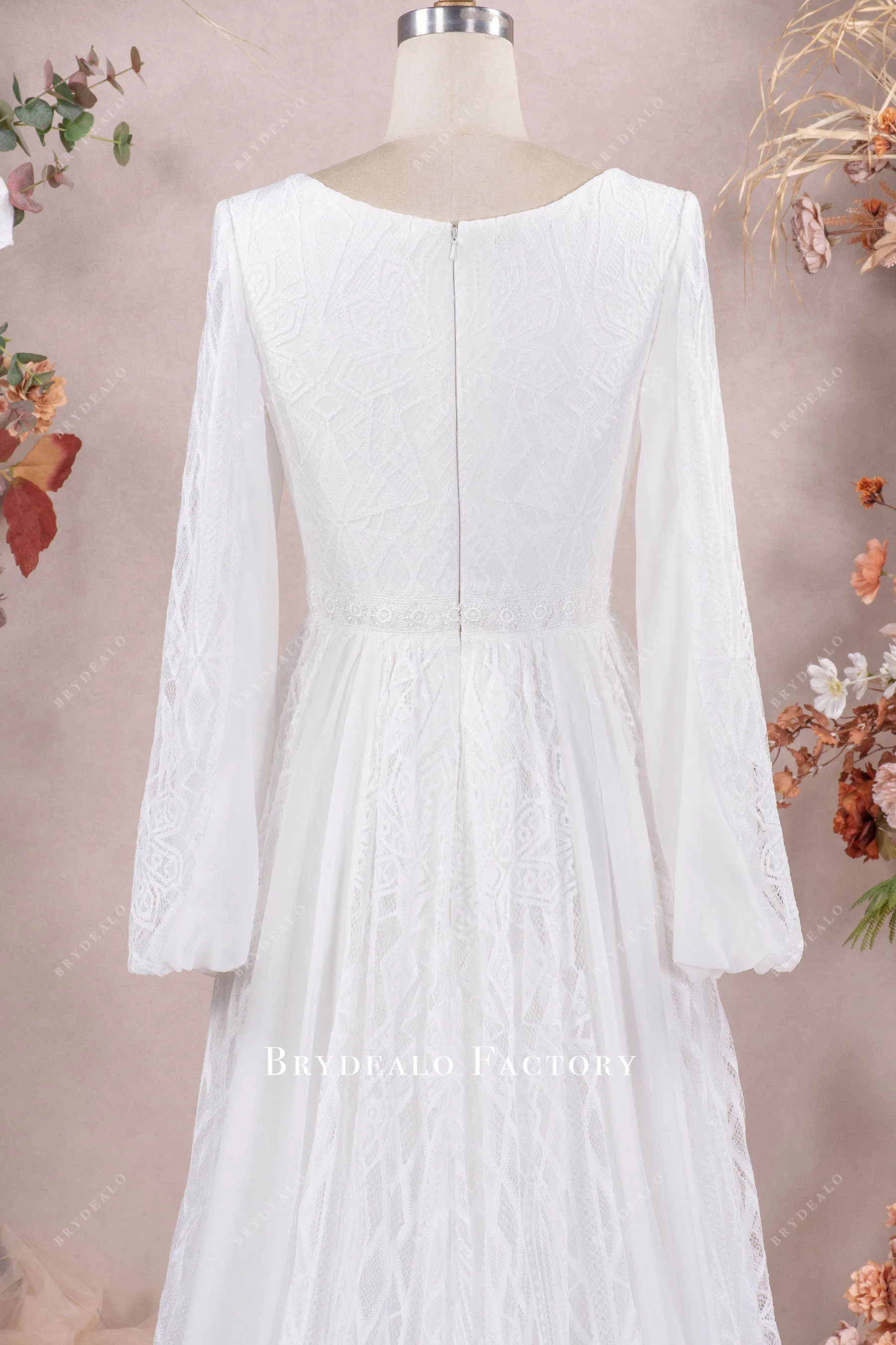 Boho Bubble Sleeve Lace Chiffon Aline Wedding Dress