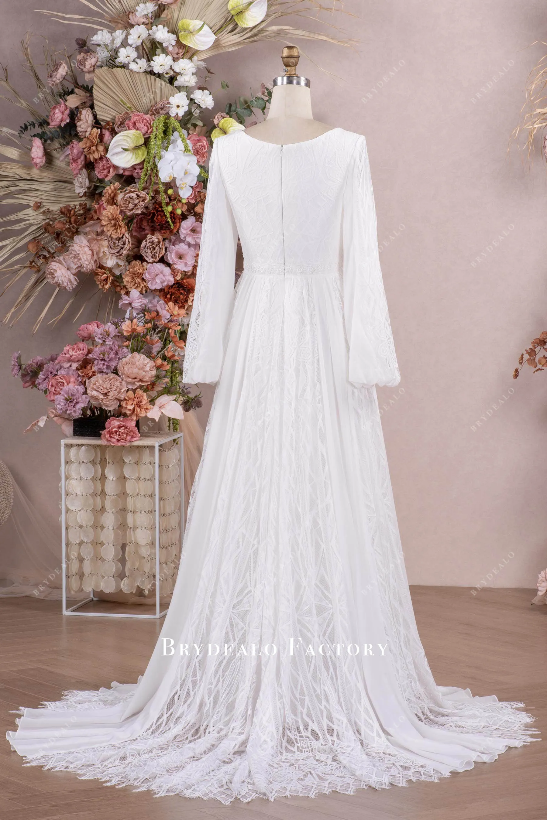 Boho Bubble Sleeve Lace Chiffon Aline Wedding Dress
